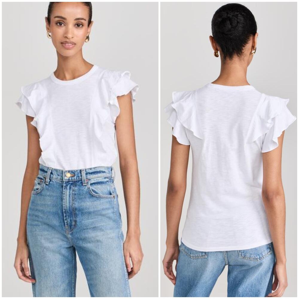 Veronica Beard Bea Short Sleeve Ruffle Tee in White size Small